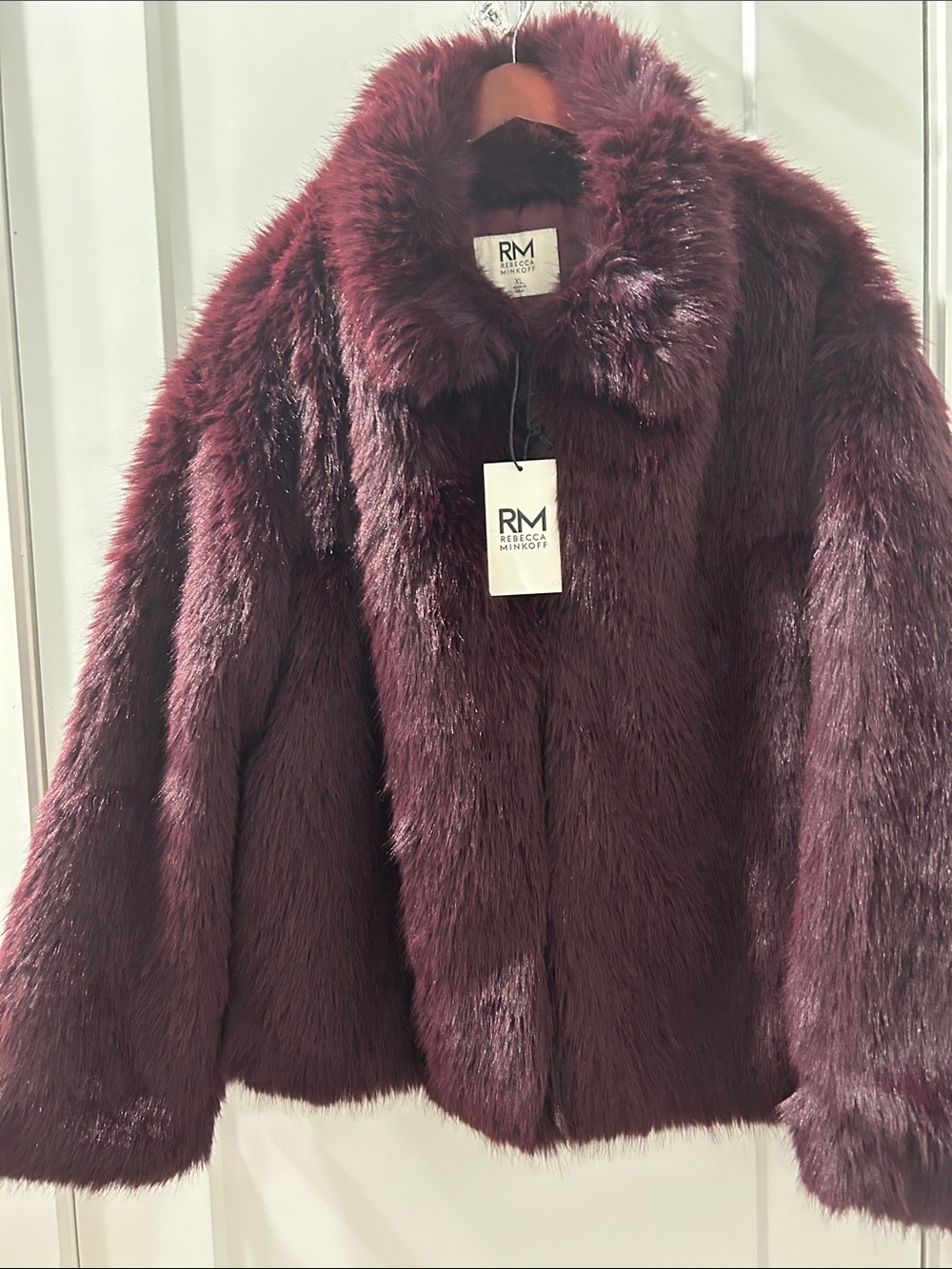 Rebecca Minkoff Plush Teddy Coat in Deep Burgundy . One size XL available .
